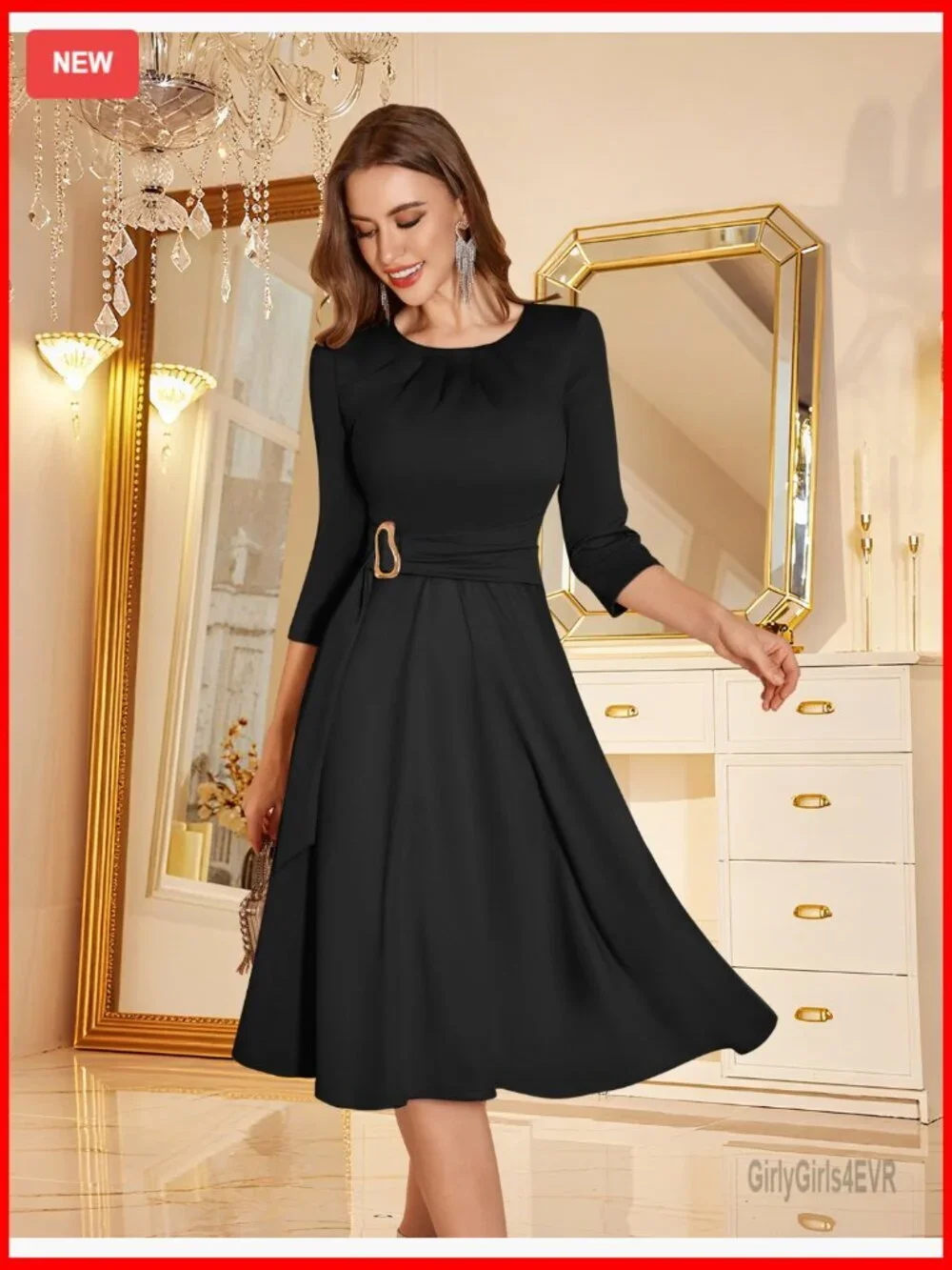 Elegant 3/4 Sleeve Fit & Flare Midi Cocktail Dress Formal Party